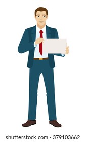 Businessman holding a paper. Vector illustration.
