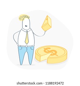 Businessman holding part of dollar pie, part of the profit, percentage of income, bank rate, share of investments concept. Cute cartoon doodle vector illustration on white background.