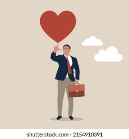 Businessman holding passionate heart shape walking to work. Work passion to motivate and inspire employee to achieve career success, love your job or happy and enjoy working dream job concept.