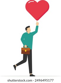 Hombre de negocios que sostiene la forma apasionada del corazón que camina al trabajo. Pasión de trabajo para motivar e inspirar a los empleados para lograr el éxito profesional, amar su trabajo o feliz y disfrutar del concepto de trabajo de ensueño de trabajo.

