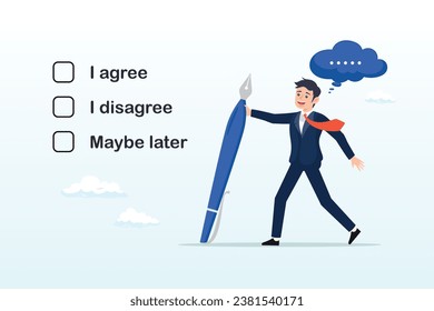 Businessman holding pen decide to agree consent question, consent document to choose, agree or disagree, accept or approve permission, yes or no answer, decide later, business agreement (Vector)