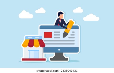 Businessman holding a pen emerging from behind a monitor next to a store illustration of designing a website landing page for business