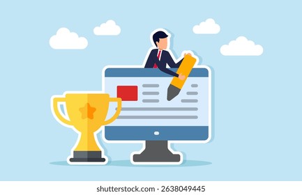 Businessman holding a pen emerging from behind a monitor next to a trophy illustration of designing and building a website to support business as a leading company