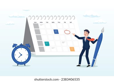 Businessman holding pen planning work schedule on calendar and alarm clock, schedule planning and time management, organize meeting and appointment, event reminder or business schedule (Vector)