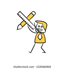 businessman holding pen and ruler yellow stick figure design