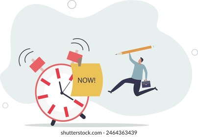 businessman holding pencil after he wrote the word Now on note and stick it on ringing alarm clock .flat vector illustration.