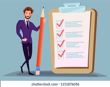 Businessman holding pencil at big complete checklist with tick marks. Business organization and achievements of goals vector concept. Check list with tick mark, businessman with questionnaire