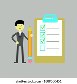 Businessman holding pencil at big complete checklist. Flat Illustration