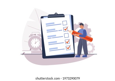Businessman holding pencil at big complete checklist with tick marks. Checklist, to-do list vector illustration. questionnaire survey answering. Near office supplies. Decorative large leaves