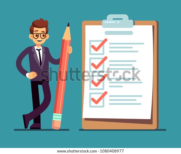 Businessman holding pencil at big complete\
checklist with tick marks. Business organization and achievements\
of goals vector concept. Check list with tick mark, businessman\
with questionnaire