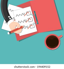 Businessman holding pencil check marks document