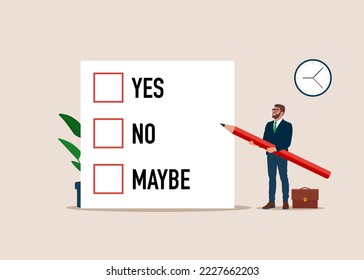 Businessman holding pencil choosing a right answer. Decision making in business or political. Flat modern vector illustration