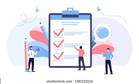 Businessman holding pencil at complete checklist with tick marks. Business organization and achievements of goals vector concept. Check list with done mark, businessman with questionnaire on clipboard