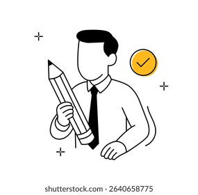 Businessman holding pencil. Businessman creative planning. Businessman writing ideas. Businessman in creative process.
