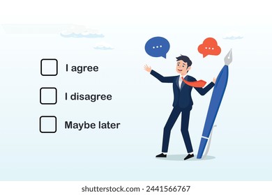 Businessman holding pencil decide to agree consent question, consent document to choose, agree or disagree, accept or approve permission, yes or no answer, decide later, business agreement (Vector) svg