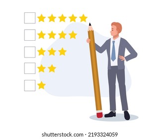 businessman holding pencil to evaluate star feedback.giving stars quality result, rate the service concept. vector illustration