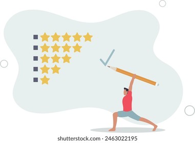 businessman holding pencil to evaluate star feedback.flat vector illustration.