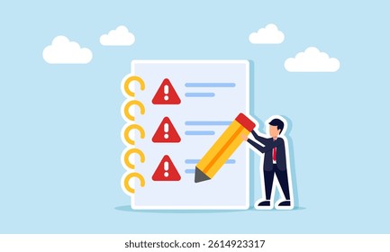 Businessman holding a pencil next to a document with a list marked with exclamation points, illustration of noting important points that need special attention