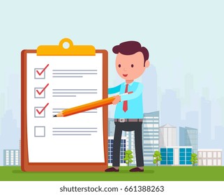 Businessman is holding pencil and notes list  tasks on backgroun