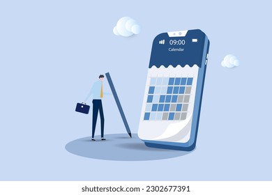 Businessman holding pencil planning work schedule on calendar  mobile app.schedule planning and time management, organize meeting and appointment, event reminder or business schedule concept.