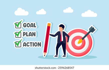 Businessman holding a pencil stands between a target board and a checklist with GOAL, PLAN, and ACTION, illustration of achieving business targets
