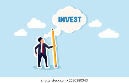A businessman is holding a pencil while envisioning INVEST, illustration of developing an investment strategy plan for the business sector  