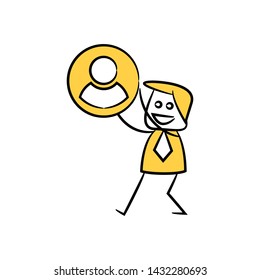 businessman holding people user concept in stick figure yellow theme