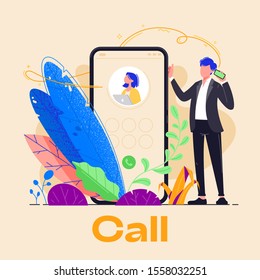 Businessman holding phone and call colleague. Incoming call on smartphone vector illustration. Speaking with coworker in green eco friendly office. Minimal design office plants and elegant businessman