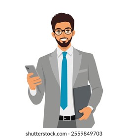 Businessman holding phone and carrying laptop. Flat Vector character illustration