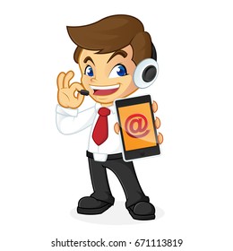 Businessman holding phone as customer service isolated in white background