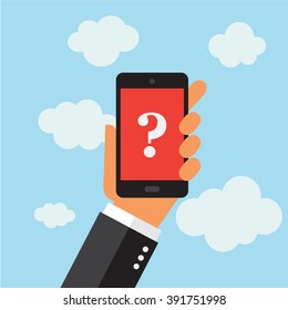 A businessman holding a phone. Help icon. Illustration in vectors.