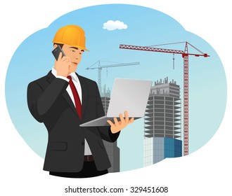 Businessman is holding phone and laptop. Buildings and cranes on the background. Real estate development.