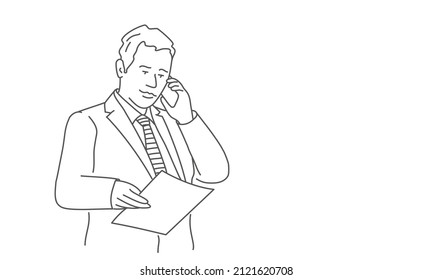 Businessman holding phone, looking at document and talking. Hand drawn vector illustration. Black and white.