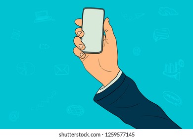 Businessman is holding a phone. place for presentation