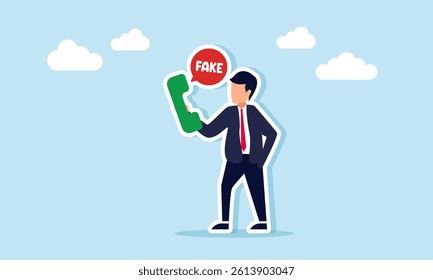Businessman holding a phone, triggering a chat dialogue labeled FAKE, illustration of the need and importance of being cautious about business fraud
