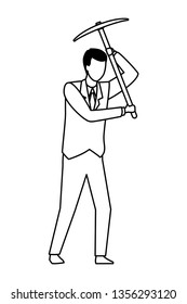businessman holding pickaxe black and white