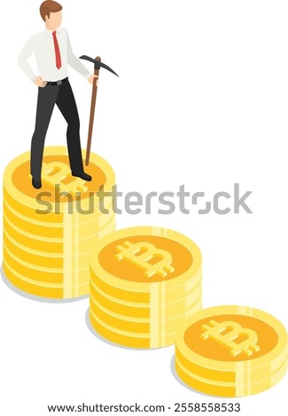Businessman holding pickaxe standing on growing stacks of cryptocurrency coins representing successful mining and investment in isometric view