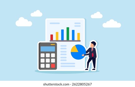 Businessman holding pie chart beside report paper showing chart and calculator illustration of data calculation for preparing business project report