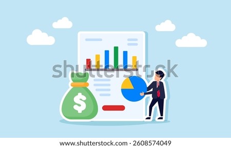 Businessman holding a pie chart in front of a chart report and a money sack, illustration of organizing business financial performance reports