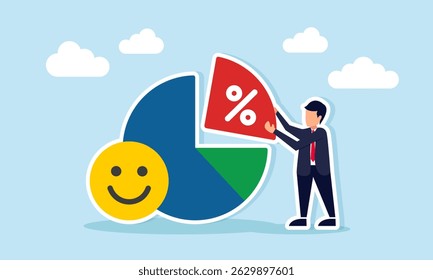 Businessman holding pie chart section with percent sign next to happy emoticon illustration of percentage market segmentation control