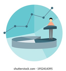 Empresario con una porción de mercado que obtuvo de otros. Concepto de gráfico circular de cuota de mercado.