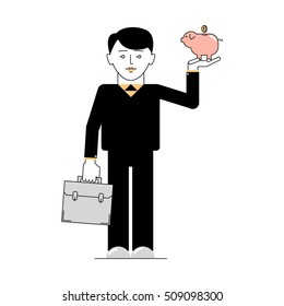 Businessman holding a pig piggy bank in his hands. Savings, Finance, Accounting. Vector flat line