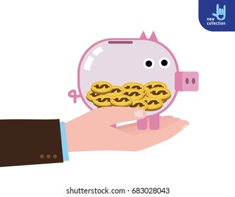 Businessman Holding A Piggy Banck Of Business Plan And Strategy
Presenting Investment And Financial Growth Concept
Vector Flat Cartoon Design Illustration.
Isolated On Background.