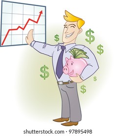 Businessman holding a piggy bank full of banknotes