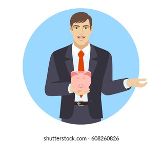 Businessman holding a piggy bank and gesturing. Portrait of businessman in a flat style. Vector illustration.