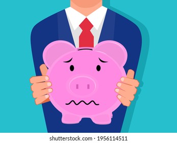 A businessman holding a piggy bank is happy. Isolated on the background. Vector illustration.