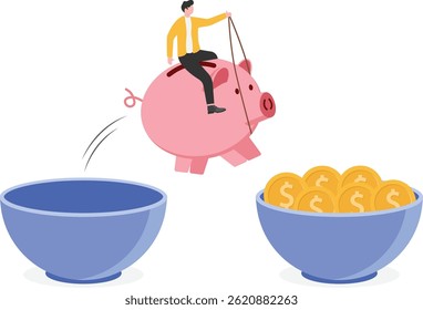 Businessman holding piggy bank jumping from small bowl without gold coins to big bowl full of gold coins, 

