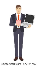 Businessman holding a piggy bank and laptop notebook. Full length portrait of businessman in a flat style. Vector illustration.