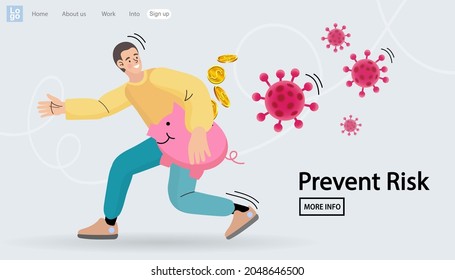 Businessman Holding Piggy Bank Running Away COVID 19. Stock Market Panic Sell From Novel Corona Virus. Man Trying To Save Money From Crisis Cosed By Coronsvirus That Hurting The World Economy. Vector