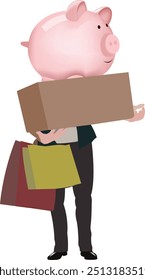 Businessman holding piggy bank and shopping bags is balancing savings and spending